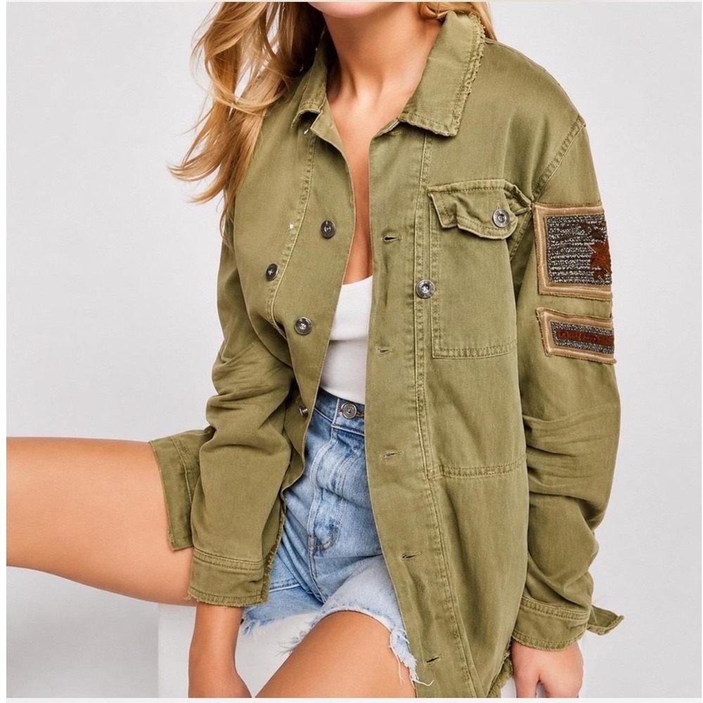 Free People Military Utility Jacket Beaded Eagle Patch Olive Green Small